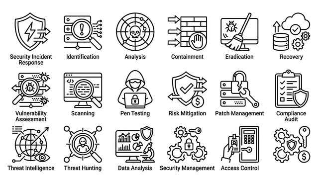 Cyber defense icons visualize technical processes for identifying and neutralizing digital threats within secure corporate networks.