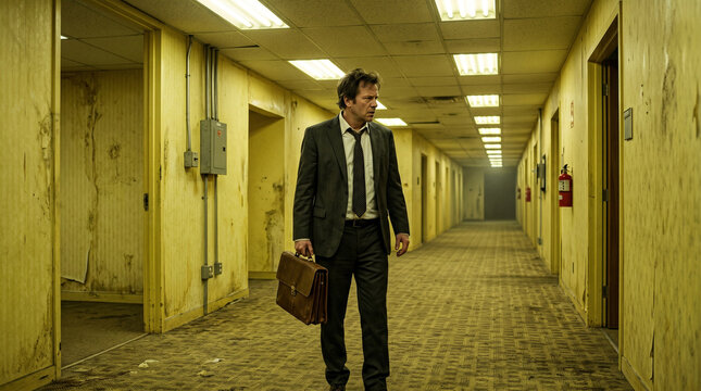 A bewildered businessman carrying a briefcase wanders through a deteriorating yellow liminal hallway with peeling walls and flickering lights, capturing themes of confusion, workplace anxiety and the 