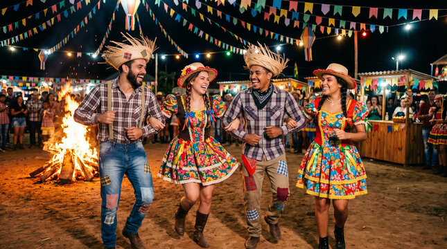 Four young people in vibrant plaid costumes and straw hats dance energetically at a Festa Junina celebration with a roaring bonfire and hanging pennants lighting the night sky.