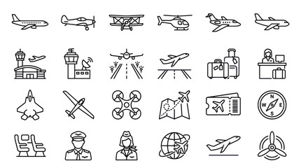 Collection of black linear aviation and travel icons © ULFAITA