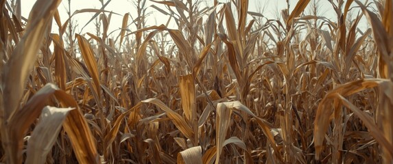Obraz premium Post harvest landscape featuring large dry corn stalks in a yellow cornfield