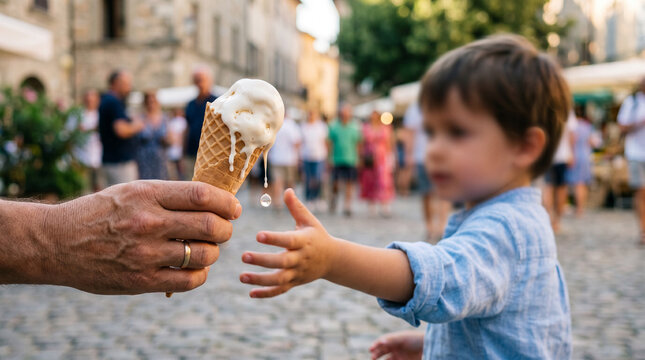 An adult hand offering a dripping white ice cream waffle cone to a small toddler reaching eagerly on a sunny cobblestone town square surrounded by blurred tourists, ideal for family and summer travel 