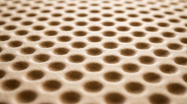 Close-up view of a beige textured surface with a repeating pattern of circular indentations, possibly a mattress topper or foam.