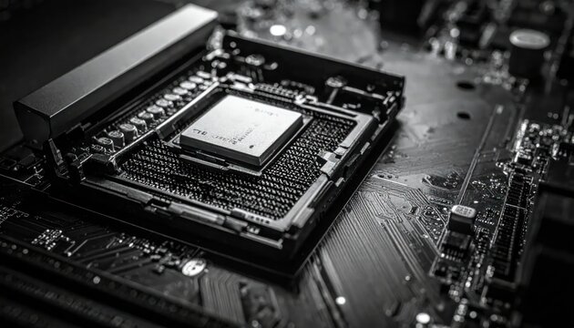 Close-up Macro Shot of a Computer CPU Processor on a Motherboard.