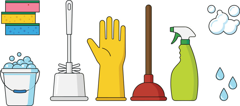 Household cleaning tools and sanitation vector icon set featuring spray bottle bucket with foam toilet brush plunger rubber glove sponge and water drops.