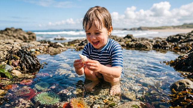 A laughing toddler in a striped swimsuit sits in a shallow rocky tidal pool examining a seashell as waves spray behind him on a sunny beach day, capturing joyful coastal childhood discovery.