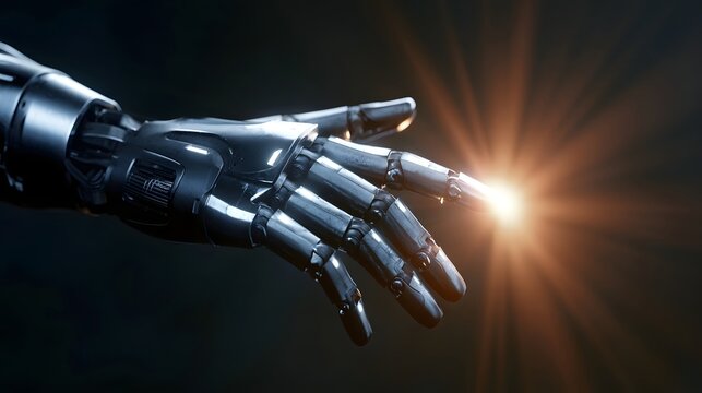 A futuristic robot arm radiates intense energy creating a dynamic and balanced visual focal point