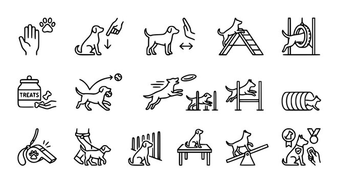 Dog Training and Agility Vector Icon Pack with Paw Command Frisbee and Tire Jump Pictograms
