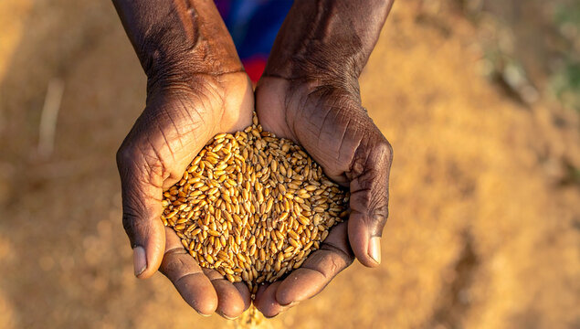 Manos de agricultor con granos de cereal en cosecha, con semillas doradas de cebada o trigo en entorno rural con luz natural concepto de desarrollo, cooperativa agr&iacute;cola, abundancia y hambre