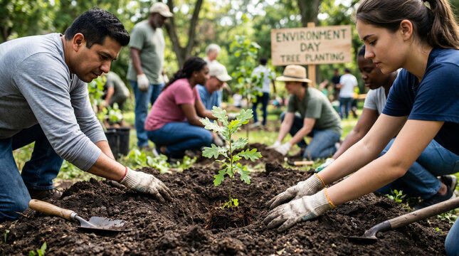 Two volunteers plant a small oak sapling in the ground at an Environment Day tree planting event, with a hand-painted sign and many helpers in the background.