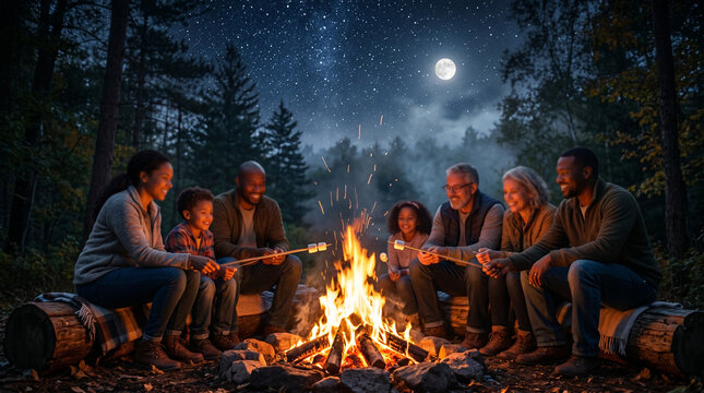 A large diverse family circles a roaring campfire in the woods, roasting marshmallows under a full moon and starlit sky, capturing the warmth of outdoor family traditions.