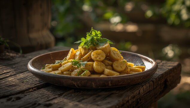 Wooden platter holding traditional cassava getuk with parsley and bananas in rustic surroundings