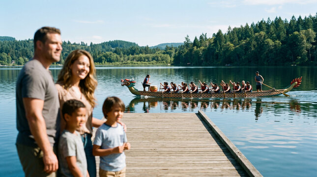 A family including young children stands on a sunny wooden dock to watch a dragon boat team row past on a calm blue lake, suitable for cultural and outdoor lifestyle content.