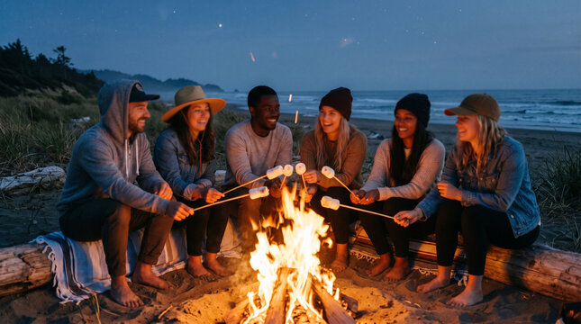 Friends sit barefoot around a beach bonfire at twilight, roasting marshmallows on sticks beside driftwood and ocean waves, sharing a warm outdoor gathering on the coast beneath a fading blue sky