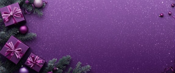 Fototapeta premium Purple festive background showing gift boxes fir branches ornaments and banner with copy space for Christmas and New Year