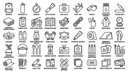 Naklejka premium Comprehensive set of outdoor survival and camping icons.