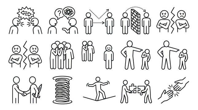 Conflict resolution and interpersonal relationship line icons set.