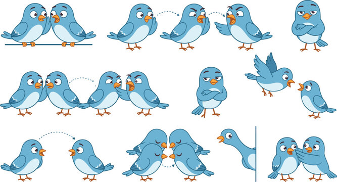 Cute Blue Bird Cartoon Character Set Exhibiting Rumors, Gossiping, Communication, and Secret Whispering Expressions for Social Media, Stickers, and App Graphics