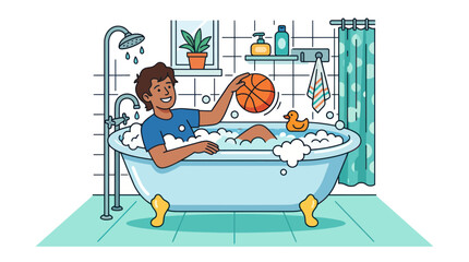 Obraz premium Happy man playing with basketball in a bubble bath tub