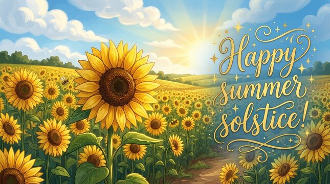 Close up of bright yellow sunflowers in a field with golden happy summer solstice text badge overlay
