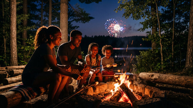 A cheerful family roasts marshmallows around a glowing campfire by a lake as fireworks light up the July sky above the trees.