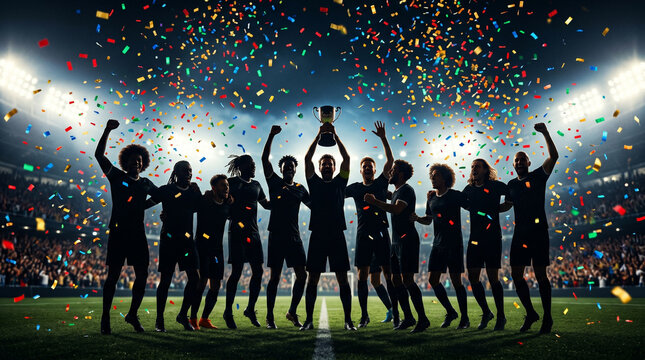 A soccer team stands together on the pitch arms raised holding a trophy as colorful confetti rains down in a stadium celebration of their championship win.
