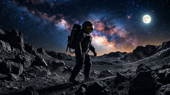 An astronaut walks across a rocky alien terrain beneath a spectacular Milky Way sky with a full moon visible, evoking discovery and cosmic adventure.