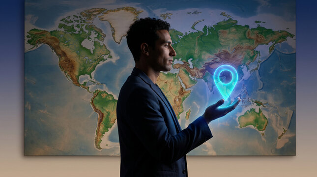 A businessman holds a glowing blue digital location pin over a detailed physical world map, representing global navigation, logistics, and international business.