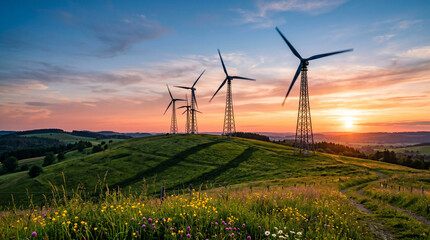 Naklejka premium Four wind turbines spin above a wildflower-dotted green hill at a vibrant sunset, representing clean renewable energy and environmental sustainability.