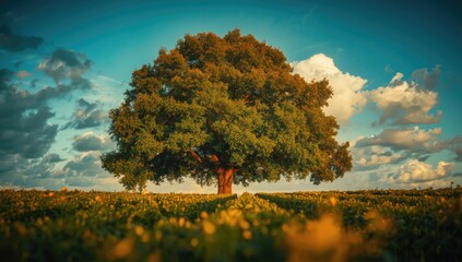 Obraz premium Lush agricultural field with a towering tree set against a vivid sky