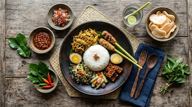 Traditional indonesian nasi campur bali dish with rice satay and vegetables on a wooden table. Basic Indonesian Dish 