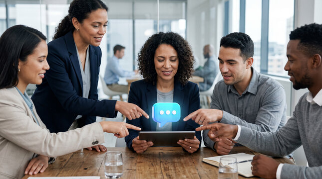 A group of five diverse business professionals point at a holographic speech bubble floating above a tablet in a bright boardroom, representing communication technology.