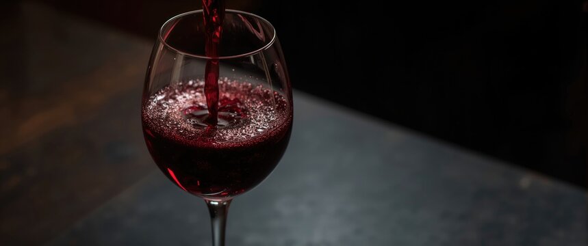 Red wine being poured into a glass on a dark table