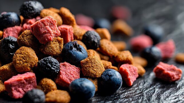 Close-up of mixed dry pet food with blueberries and colorful kibble