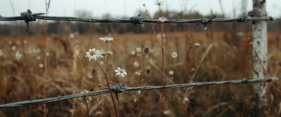 Obraz premium Wildflowers growing near a barbed wire fence in a field