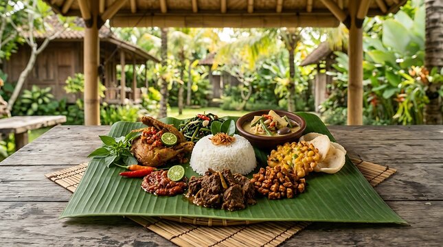 Traditional balinese nasi campur meal served on a banana leaf at a tropical outdoor restaurant. Basic Indonesian Dish 
