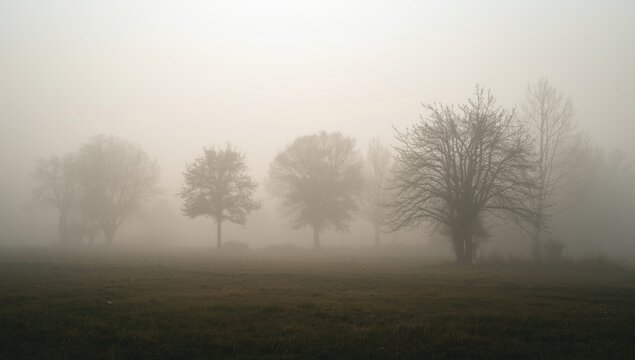 Quiet misty morning landscape filled with trees and copy space