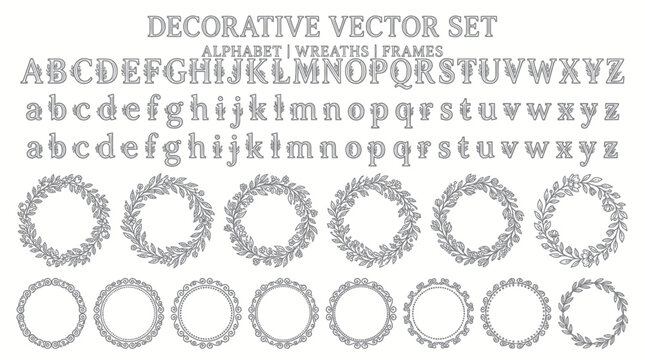 Decorative alphabet letters and floral wreath frames set.