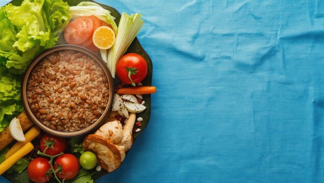 Vibrant presentation of Casado with rice beans and farm fresh vegetables on blue linen