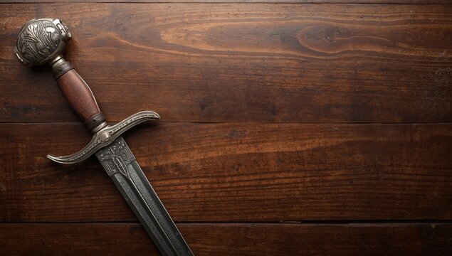 Heritage sword positioned on hand worn table with area for text