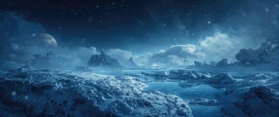 Fototapeta premium Imaginative depiction of a snowy Neptune environment combining science facts with artistic storytelling