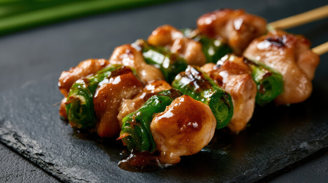 high fidelity food photography of japanese negima yakitori skewers