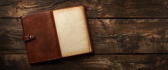 Fototapeta premium Leather journal with blank pages on wooden table