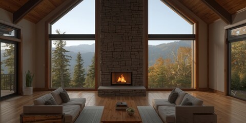 Obraz premium Large room with high windows illuminating a fireplace overlooking natural mountain scenery