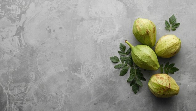 Green cherimoya fruits with leaves on a gray background