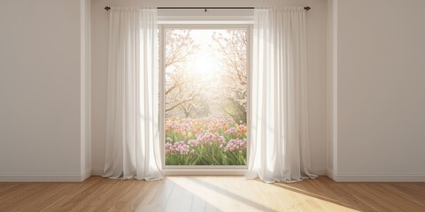 Fototapeta premium Window with curtains overlooking a flower garden at sunrise