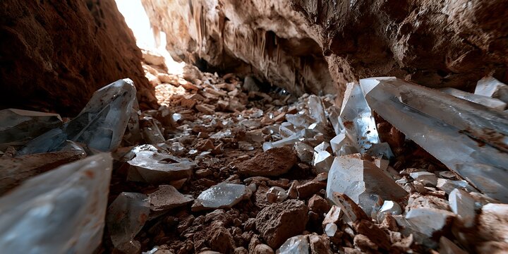 Natural clear quartz crystals growing inside a dark rocky cave