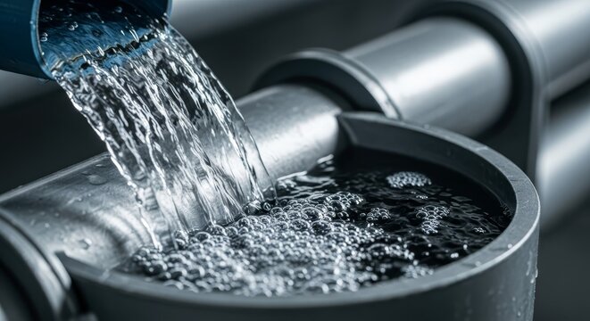 Close-up view of clear water flowing from a pipe into a basin, creating dynamic bubbles and motion