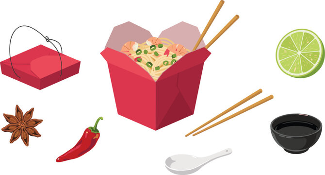 Chinese Takeout Food Vector Icon Set with Wok Noodles Shrimps Chopsticks Soy Sauce Lime and Red Chili Pepper Elements for Restaurant Menu Design