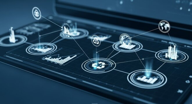 Futuristic digital network connecting global data points and charts with glowing blue lines and nodes